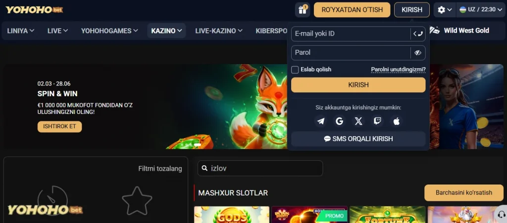 Yohoho Bet Uzbekistan veb-saytiga kiring