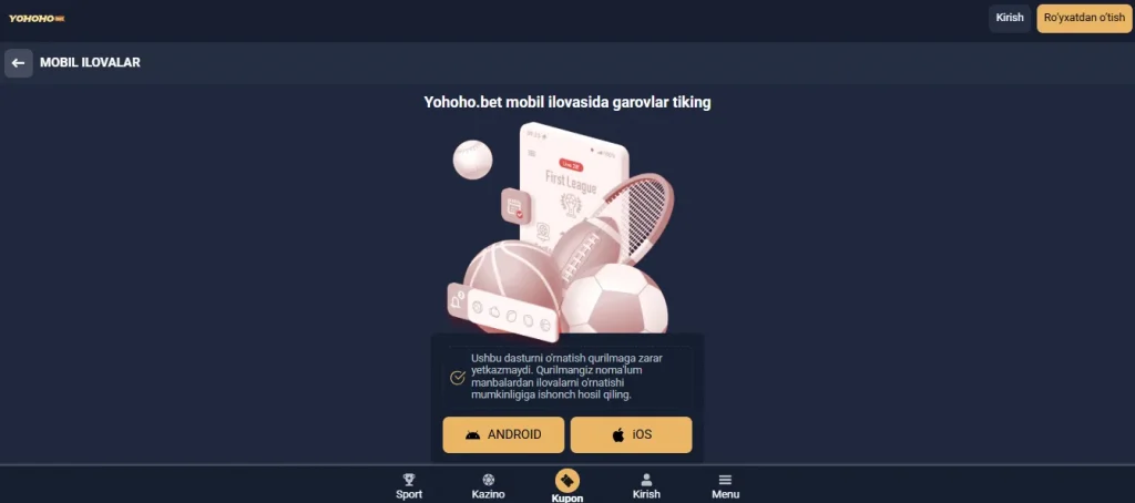 Yohoho Bet Uz o'yinchilar uchun mobil sayti