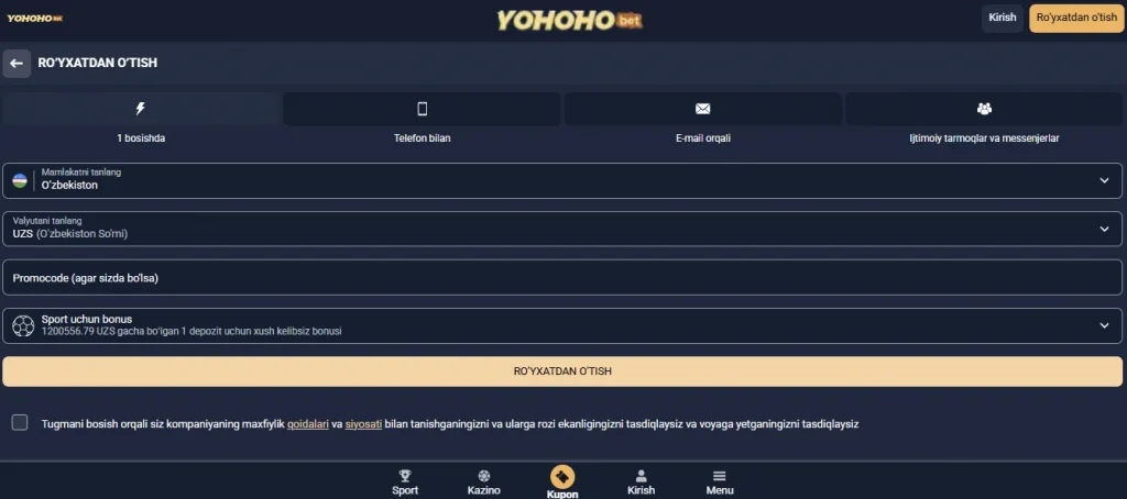 Yohoho Bet smartfoningiz orqali yangi hisob qaydnomasini ro'yxatdan o'tkazish