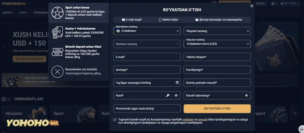 O'zbekistondagi o'yinchilar uchun Yohoho Bet veb-saytida ro'yxatdan o'tish